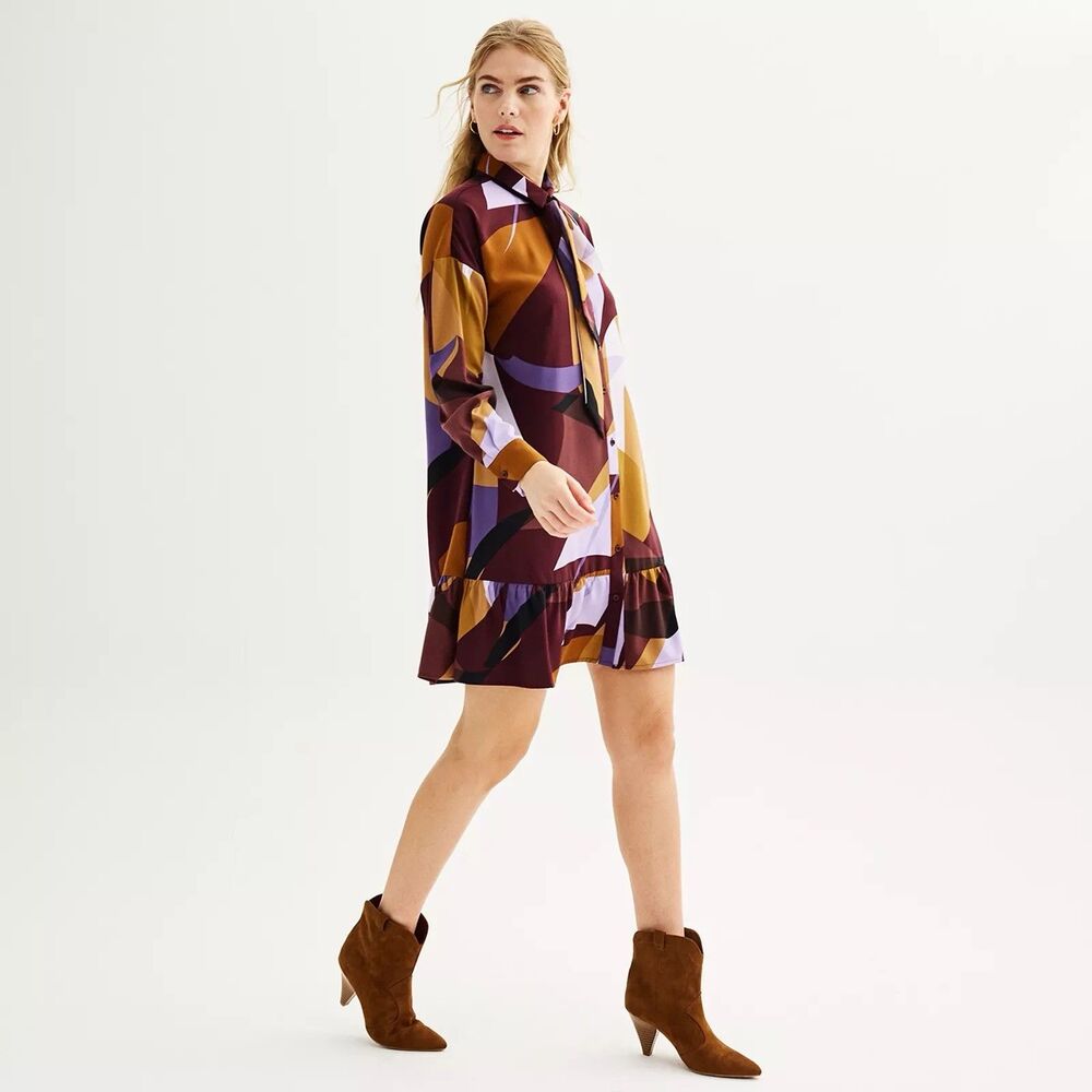 Nine West Women's Maddie Plum Ruffle Hem Dress SZ M New Abstract Button Front